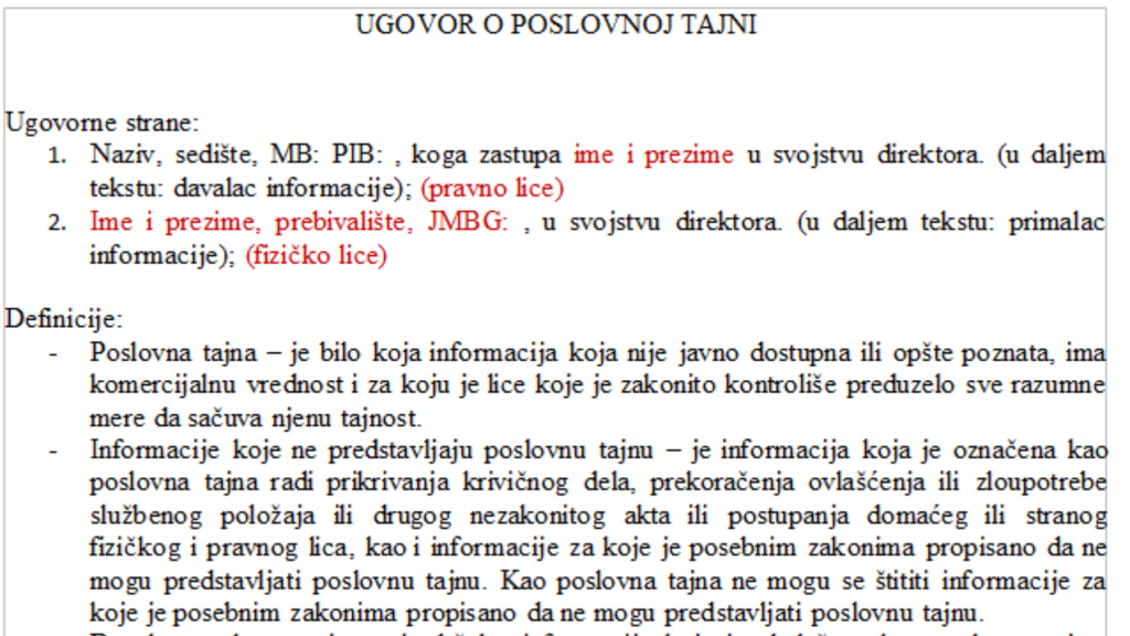 UGOVOR O POSLOVNOJ TAJNI